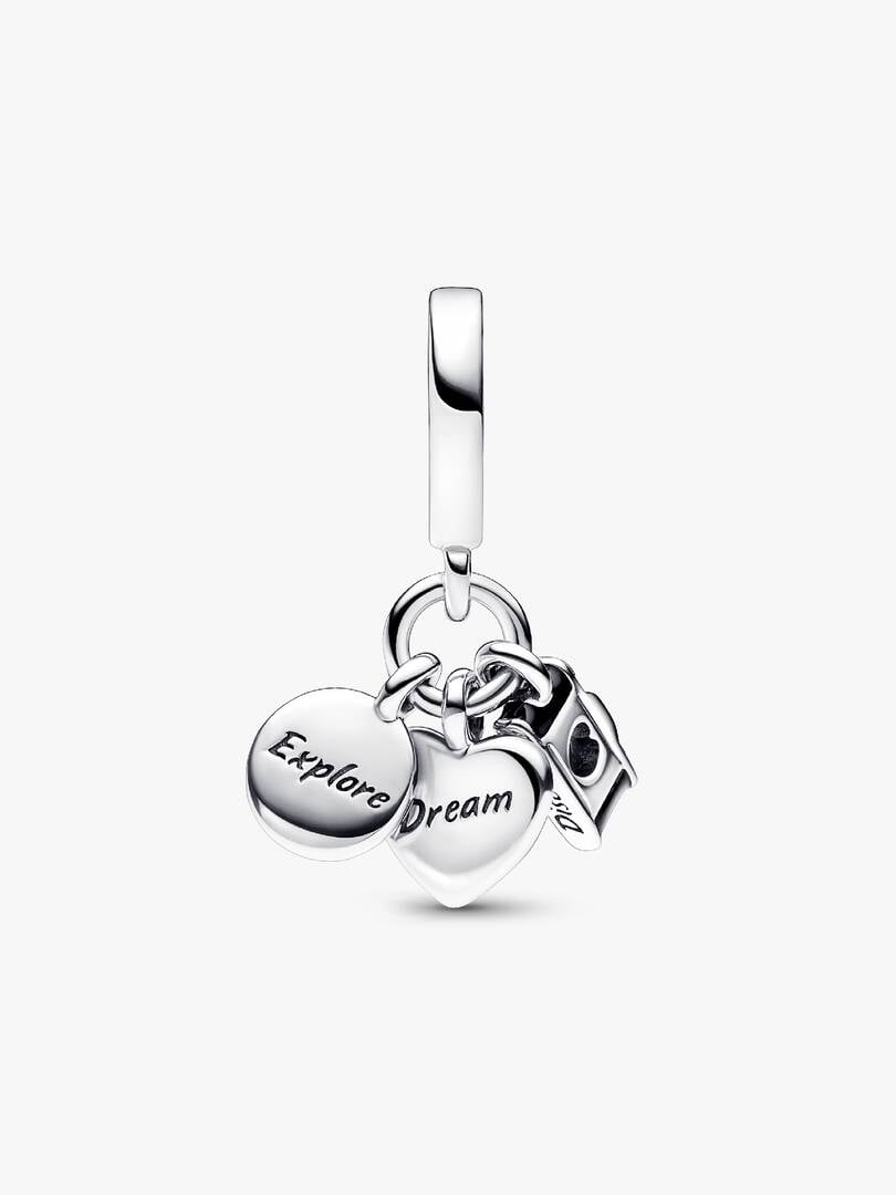 Camera, Heart & Compass Triple Dangle Charm S925 Sterling Silver