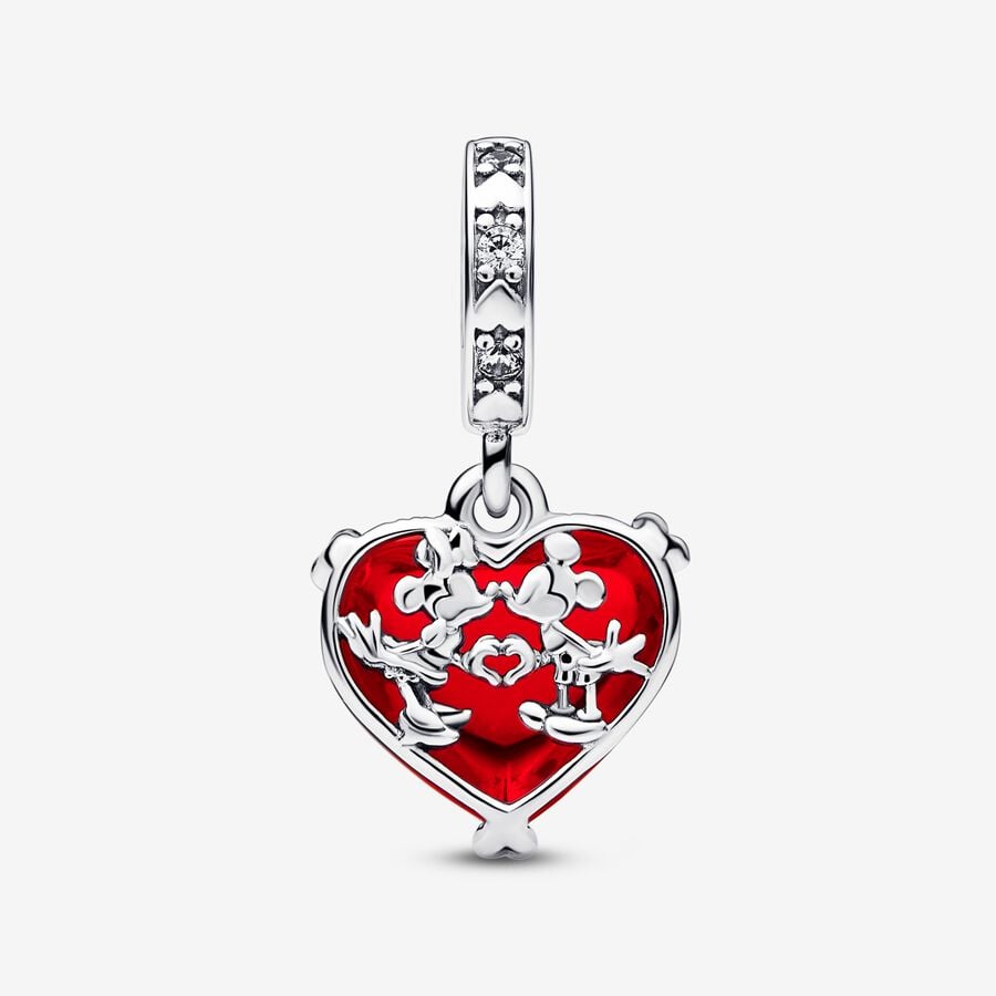 Disney Mickey & Minnie Mouse Kiss Red Murano Glass Dangle Charm S925 Sterling Silver