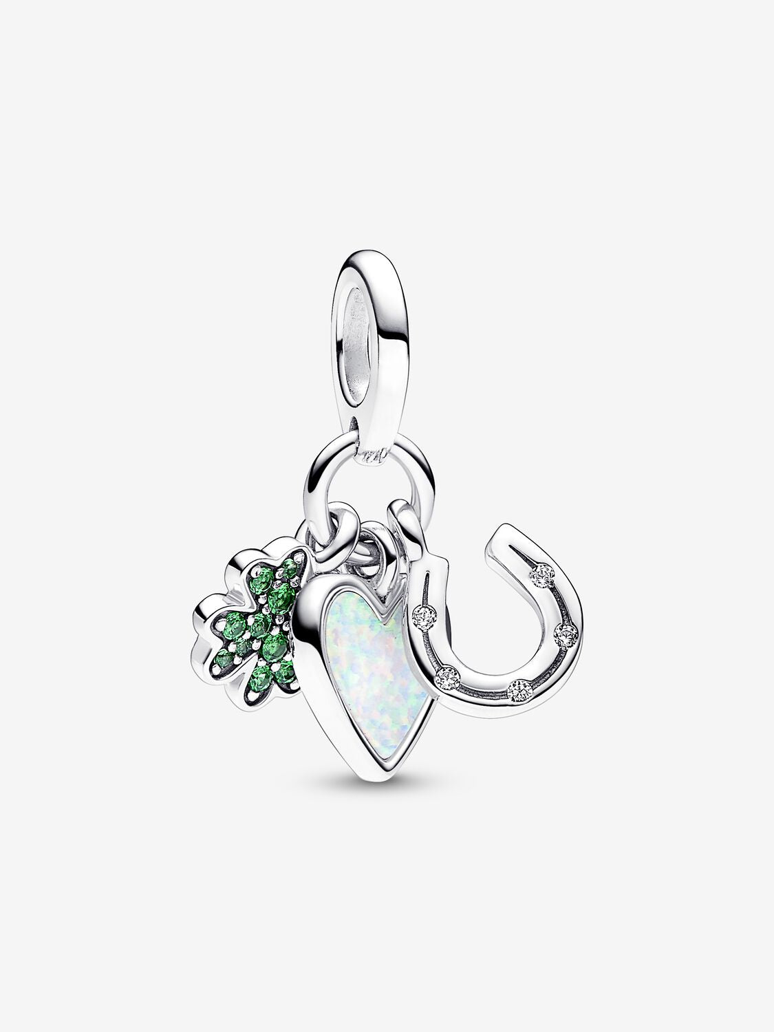 Four Leaf Clover, Heart and Horseshoe Triple Dangle Charm Hallmarked S925 Sterling Silver