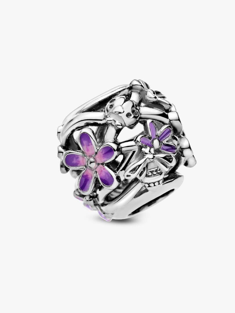 Openwork Purple Daisy Hallmarked S925 Sterling Silver Charm | Floral Jewellery Gift for Her | European Style Charm Bracelet