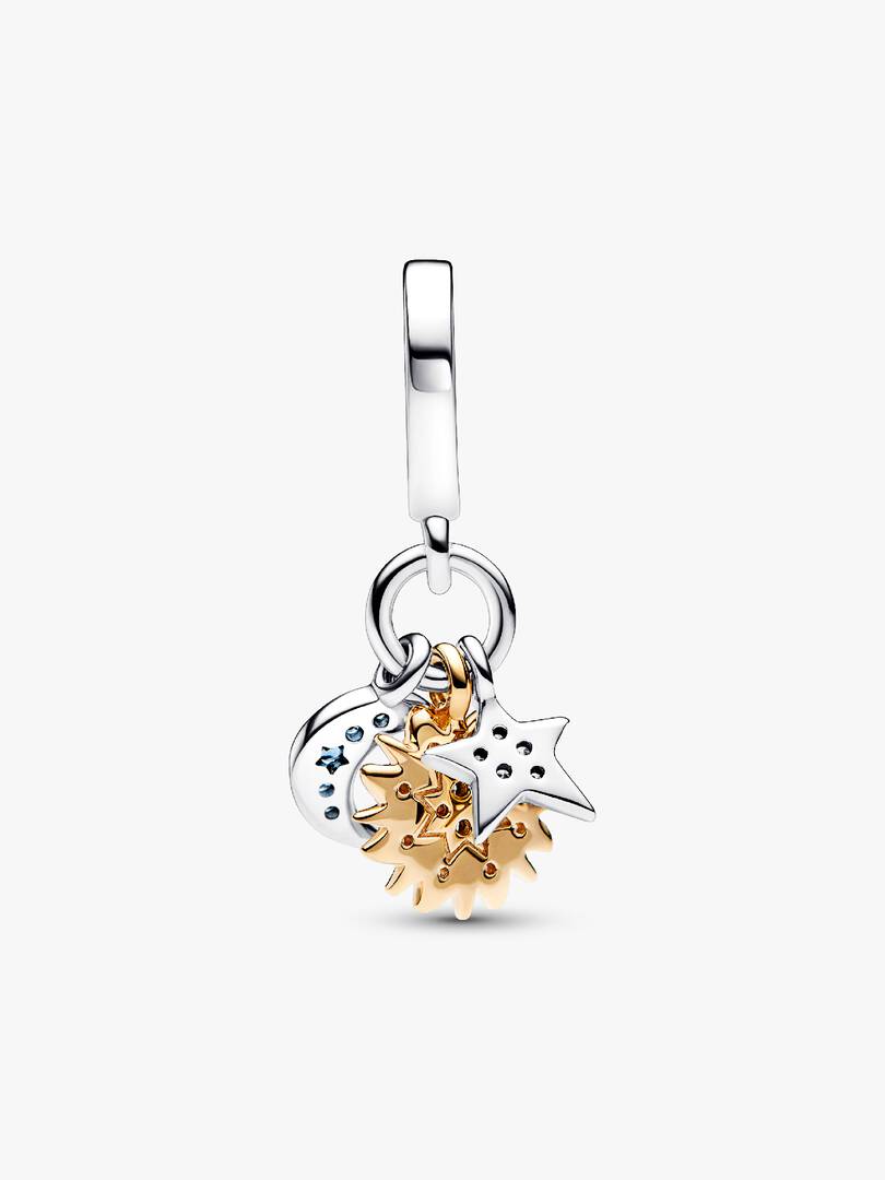 Two-tone Celestial Triple Dangle Charm Sterling Silver S925 Hallmarked Bracelet Charm | Gift for Her