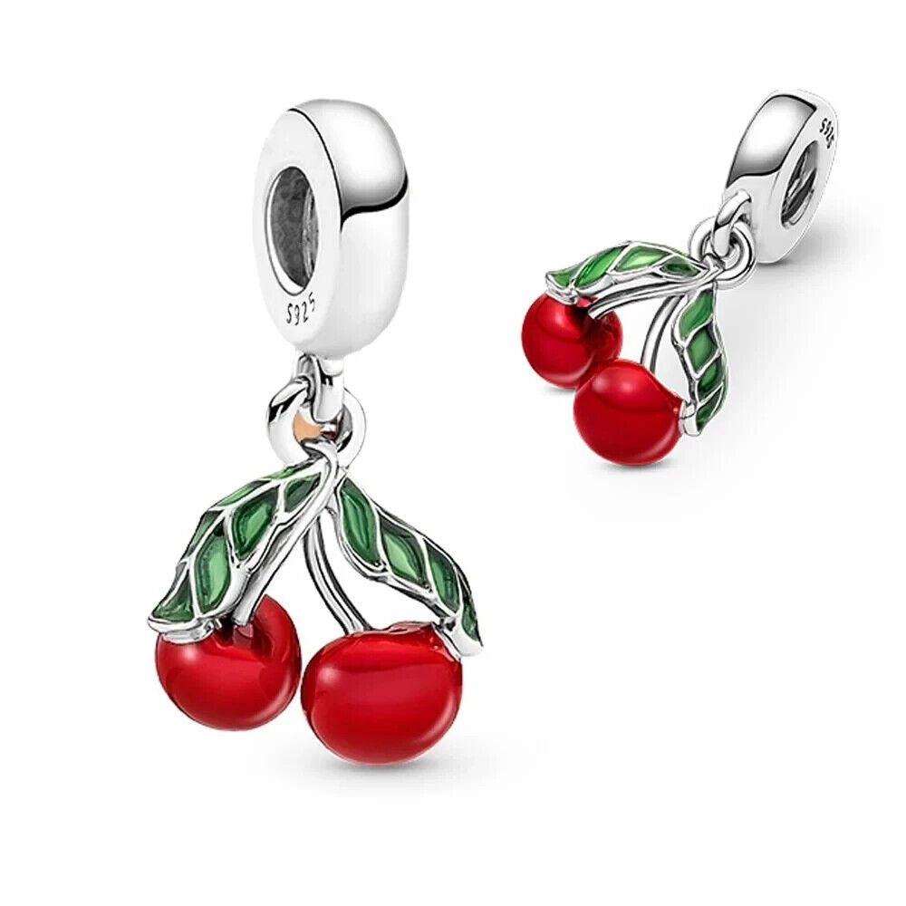 Asymmetrical Cherry Fruit Dangle Charm Hallmarked S925 Sterling Silver