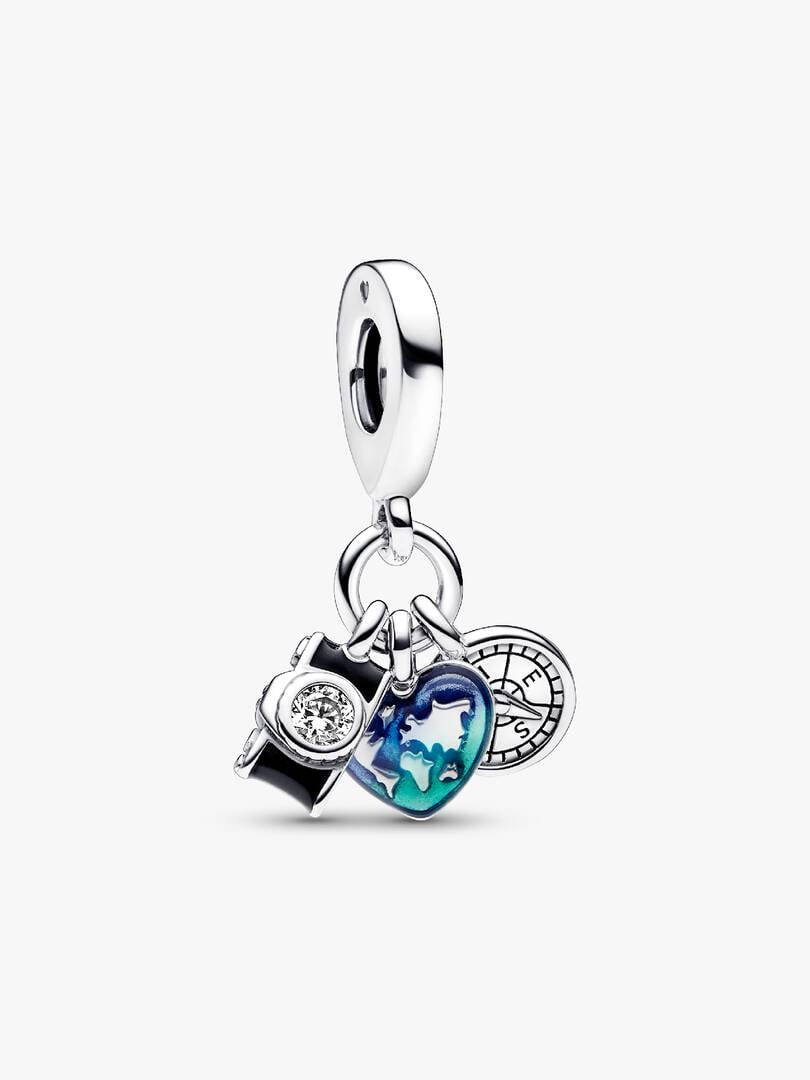 Camera, Heart & Compass Triple Dangle Charm S925 Sterling Silver