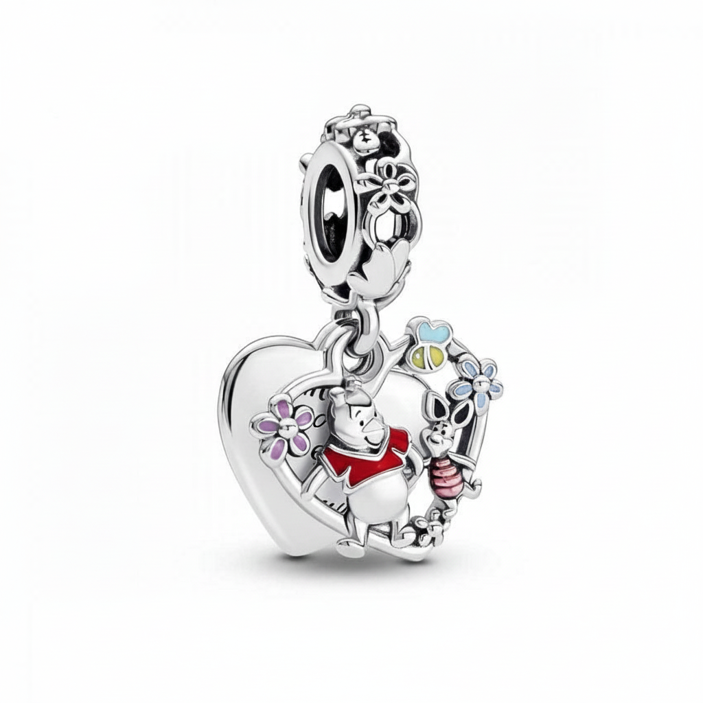 Disney Winnie the Pooh & Piglet Double Dangle Charm S925 Sterling Silver