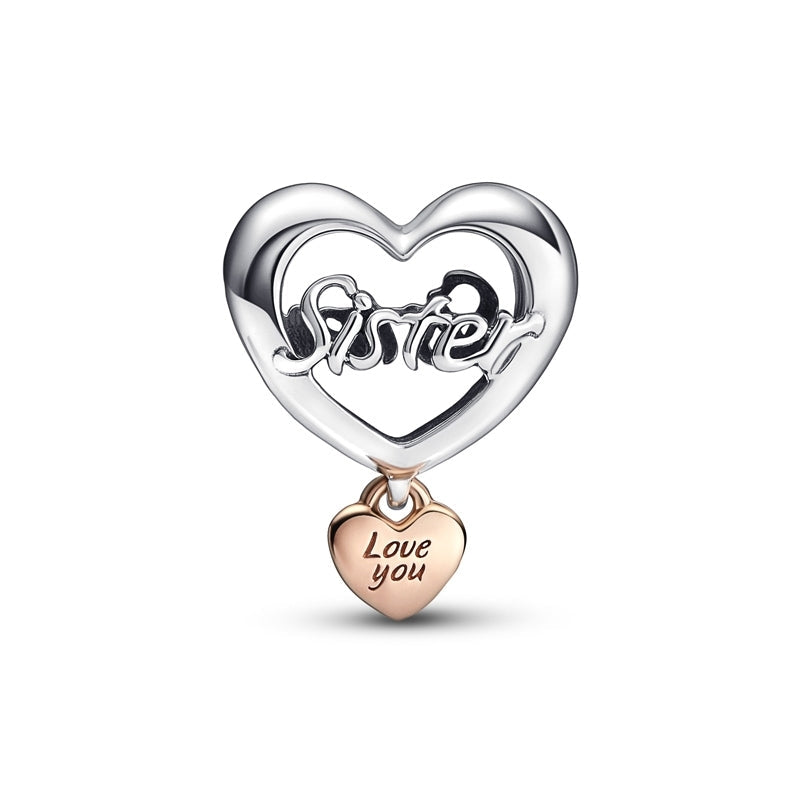 Love you Sister Heart Charm Sterling Silver S925 Hallmarked Bracelet Charm | Gift for Her