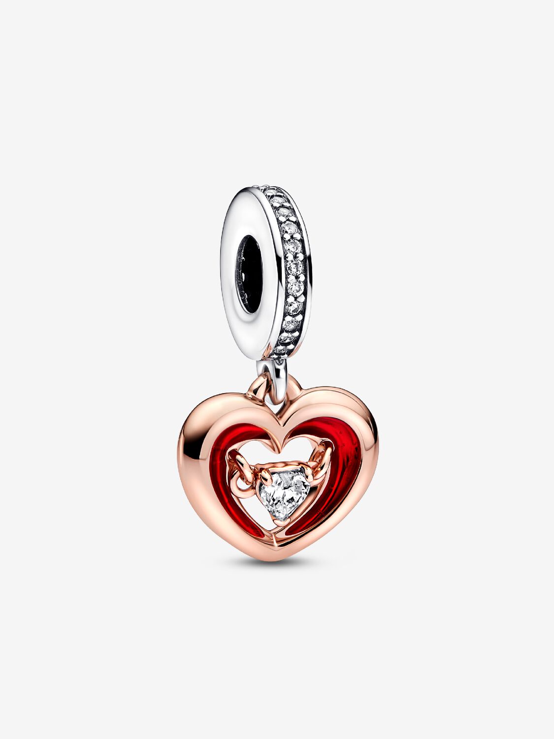 Two-tone Radiant Heart Dangle Charm Hallmarked S925 Sterling Silver