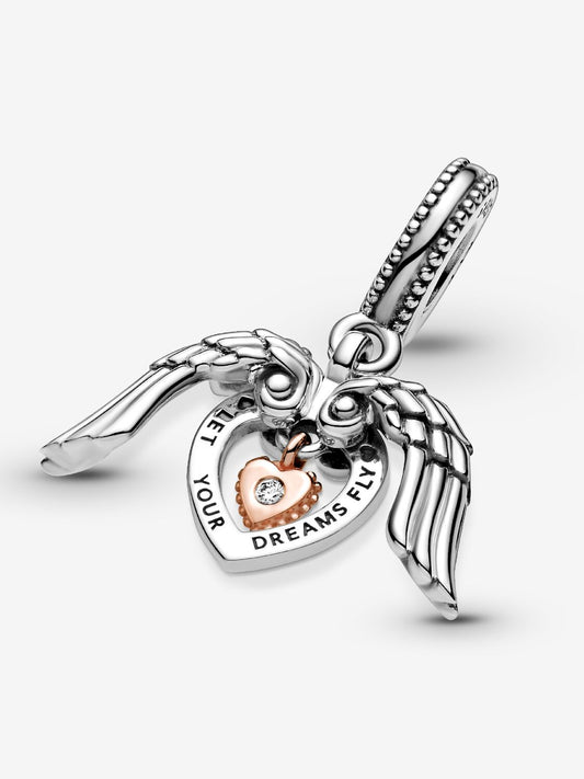 Angel Wings & Heart Dangle Charm Hallmarked S925 Sterling Silver