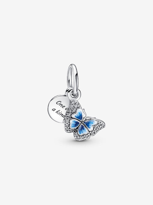 Blue Butterfly Quote Hallmarked S925 Sterling Silver Double Dangle Charm — Inspirational Jewellery Gift for Her | Pandora Compatible
