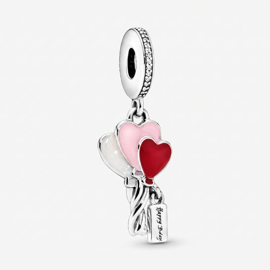 Birthday Heart Balloons Dangle Charm Hallmarked S925 Sterling Silver