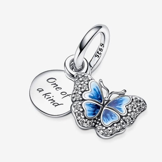 Blue Butterfly Quote S925 Sterling Silver Double Dangle Charm