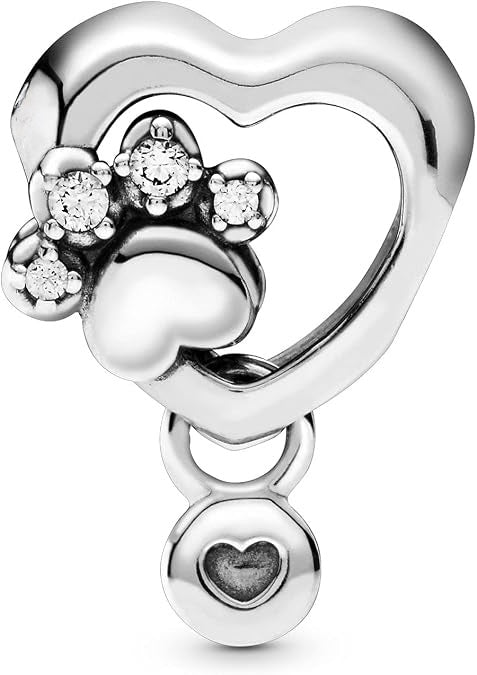 Sparkling Paw Print & Heart Charm Sterling Silver S925 Hallmarked Bracelet Charm | Gift for Her