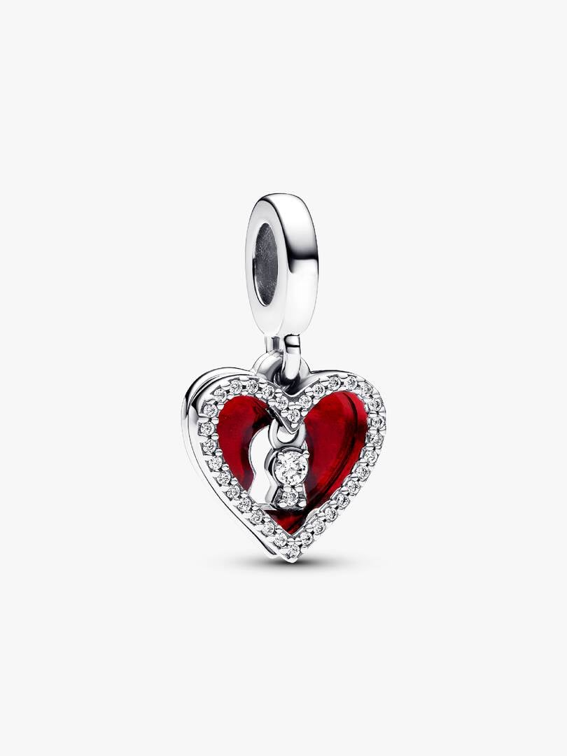 Red Heart & Keyhole Double Dangle Charm S925 Sterling Silver