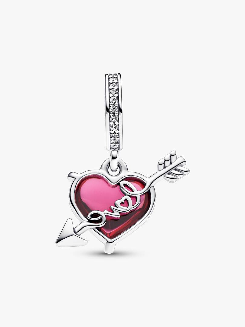 Red Heart & Arrow Murano Glass Dangle Charm Hallmarked S925 Sterling Silver