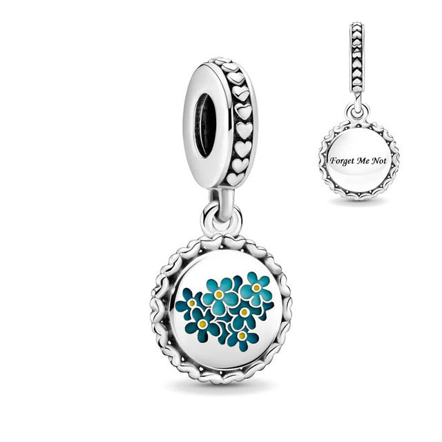 Blue Forget Me Not Flower Dangle Charm Hallmarked S925 Sterling Silver