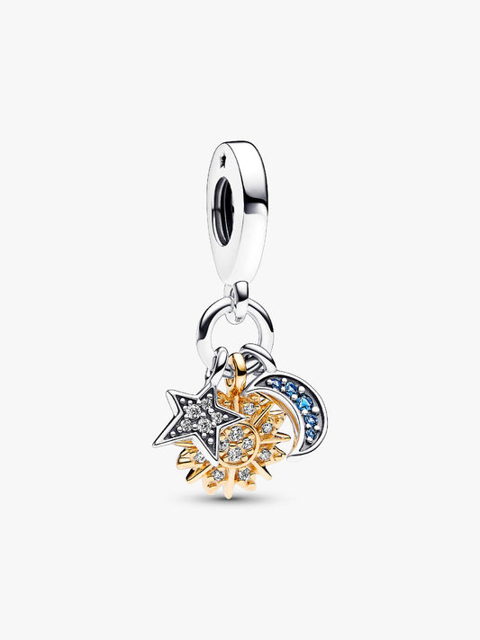 Two-tone Celestial Triple Dangle Charm Sterling Silver S925 Hallmarked Bracelet Charm | Gift for Her