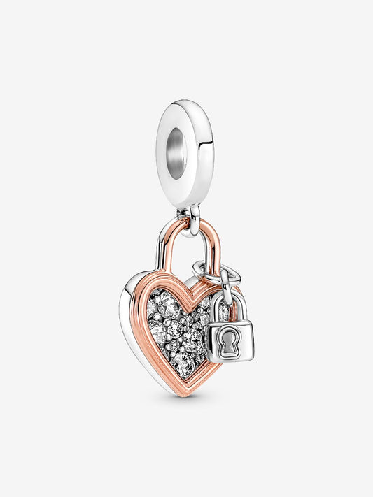 Heart Padlock Double Dangle Charm Sterling Silver S925 Hallmarked Bracelet Charm | Gift for Her