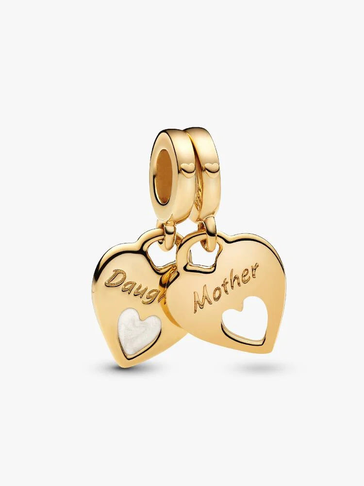 Mother & Daughter Double Heart Split Dangle Charm Sterling Silver S925 Hallmarked Bracelet Charm | Gift for Her