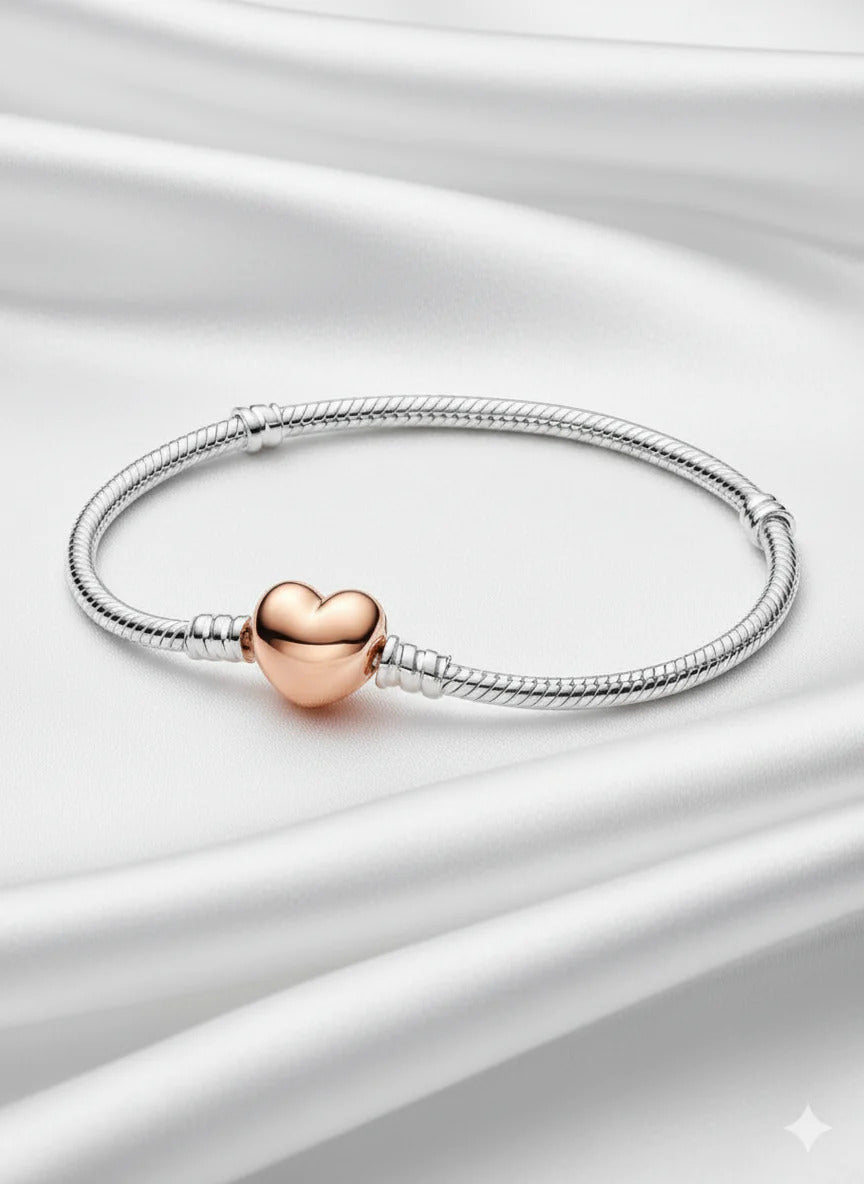 Two-tone Heart Clasp Snake Chain Charm Bracelet Sterling Silver S925 Hallmarked Bracelet | Gift for Her