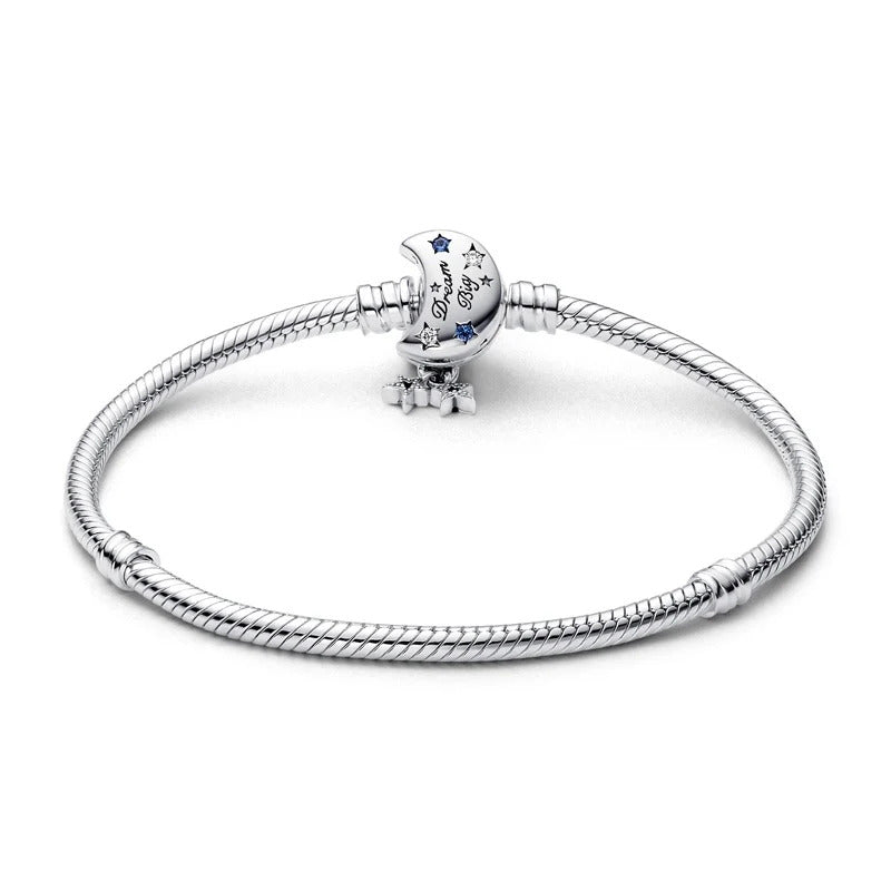 Stars and Moon Crescent Clasp Snake Chain Charm Bracelet Sterling Silver S925 Hallmarked Bracelet | Gift for Her