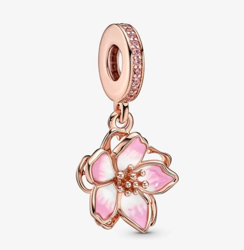 Rose Gold Pink Blossom Dangle Charm Sterling Silver S925 — Gift for Her | Pandora Compatible Bracelet Charm
