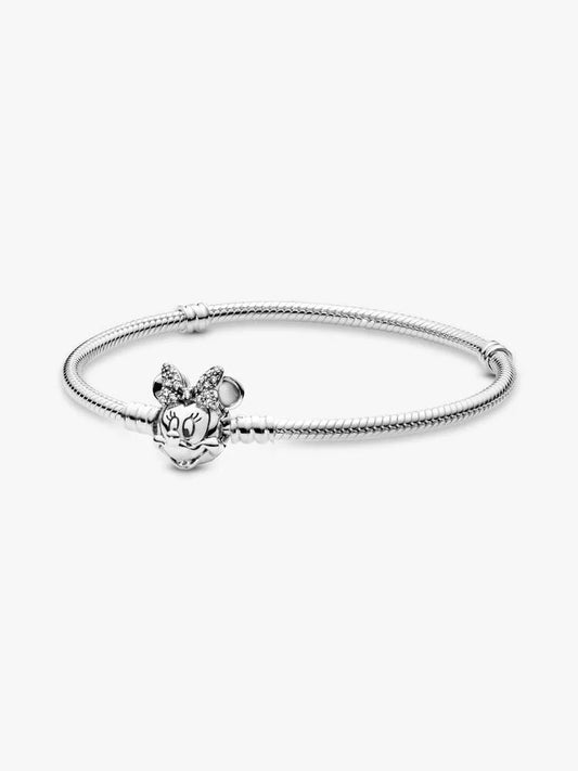 Disney Moments Pavé Minnie Mouse Clasp Snake Chain Bracelet Sterling Silver S925 Hallmarked Bracelet | Gift for Her