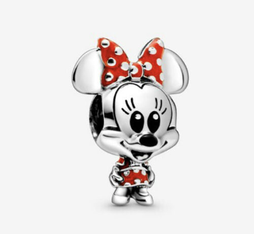 Minnie Mouse Dotted Dress & Bow Charm Hallmarked S925 Sterling Silver