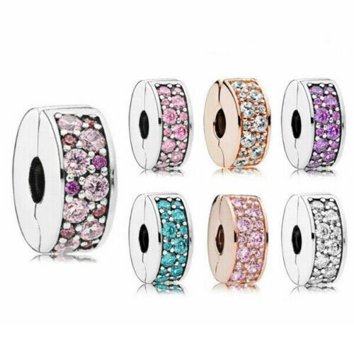 S925 Round Clip Stopper Clear Pink Blue Purple Sterling Silver Charm Collection