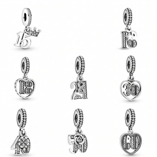 Birthday Number (13th,15th,16th,18th,21st,30th,40th,50th,60th,70th) Dangle Charm Collection | S925 Bracelet Charm