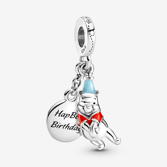 Winnie the Pooh Happy Birthday Dangle Charm Hallmarked S925 Sterling Silver