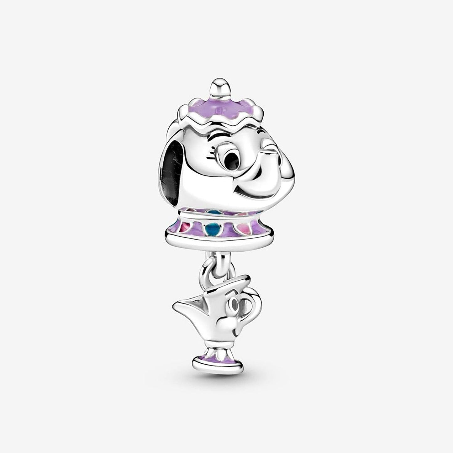 Beauty & Beast Mrs Teapot & Chip Dangle Charm Hallmarked S925 Sterling Silver