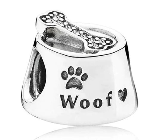 Woof Dog Bowl Sterling Silver Charm | Gift for Her | S925 Hallmarked Bracelet Charm