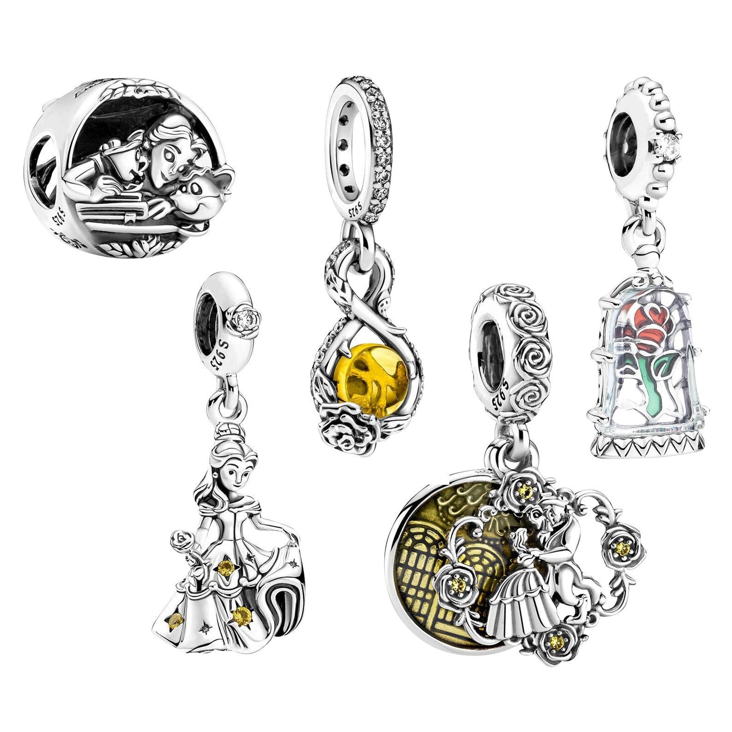 S925 Beauty & Beast Dancing Belle Enchanted Rose Princess Sterling Silver Charms Collection