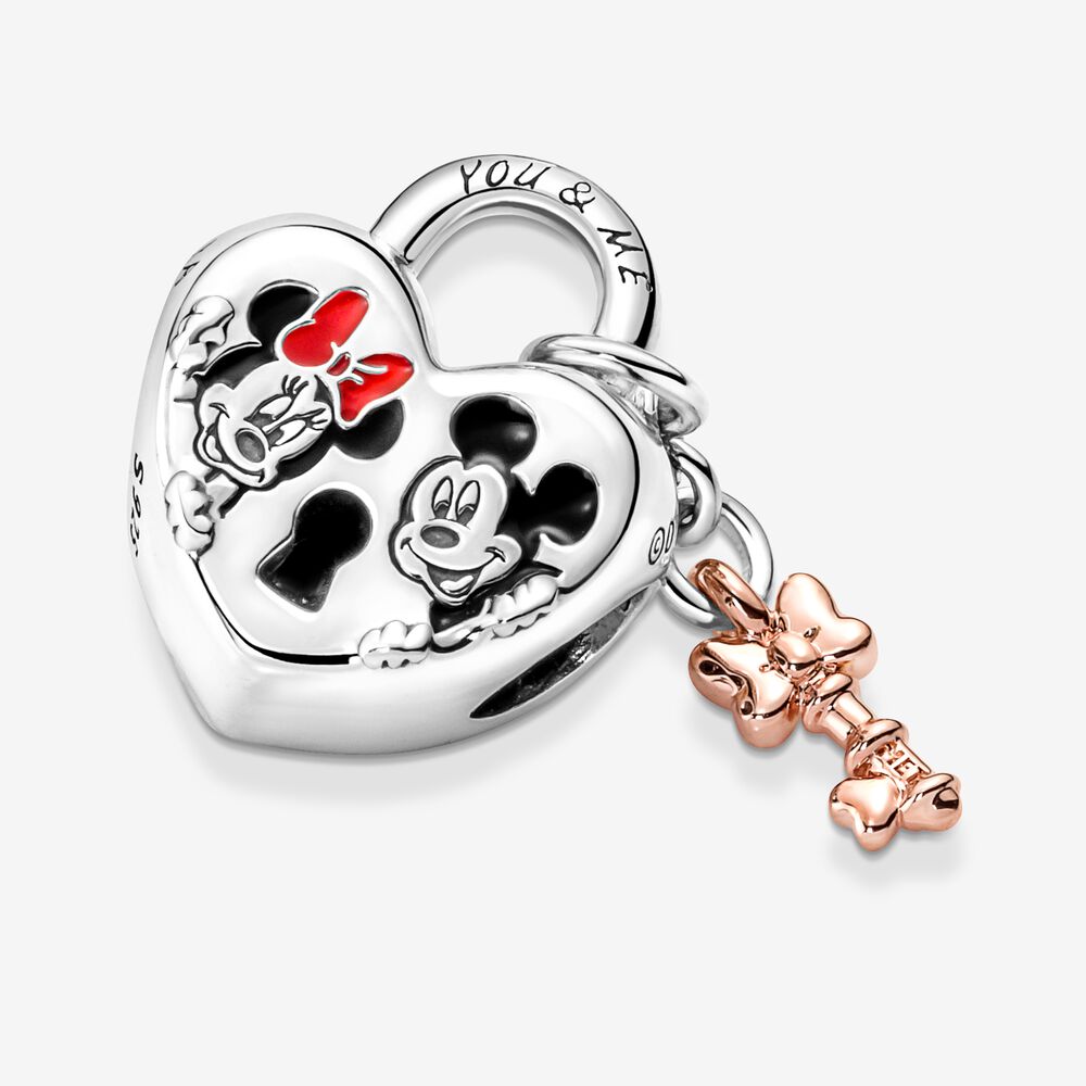 Mickey Mouse & Minnie Mouse Heart Padlock Charm Hallmarked S925 Sterling Silver