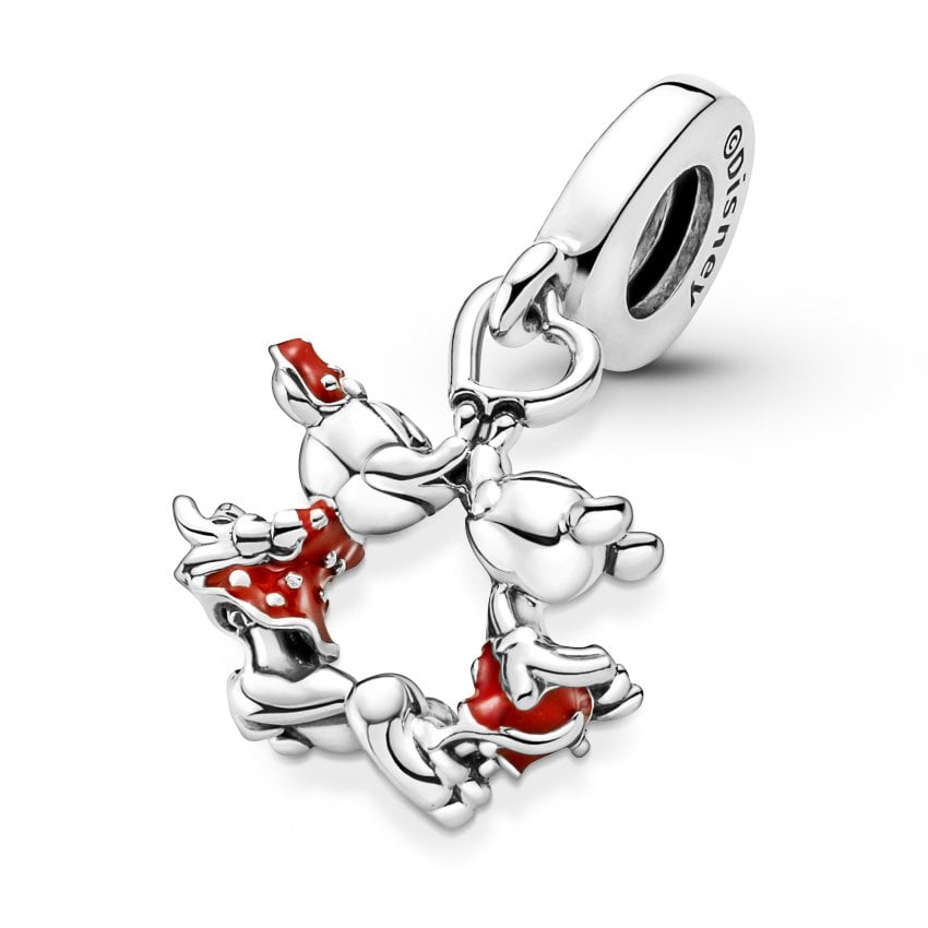 Mickey Mouse & Minnie Mouse Kissing Dangle Charm Hallmarked S925 Sterling Silver