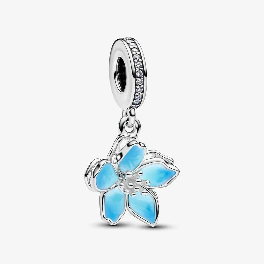 Blue Cherry Blossom Dangle Charm Hallmarked S925 Sterling Silver