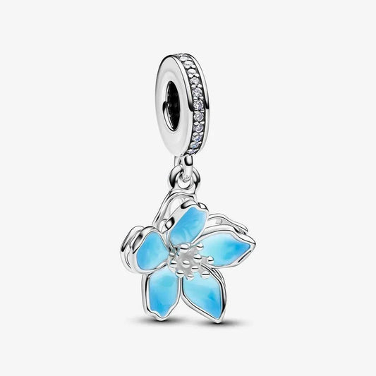 Blue Cherry Blossom Dangle Charm Hallmarked S925 Sterling Silver
