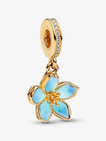 Gold & Blue Cherry Blossom Dangle Charm Hallmarked S925 Sterling Silver